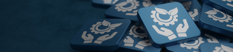 kleine blaue Fliesen mit dem Symbol Nachhaltigkeit - Konzept der blauen Fliesen